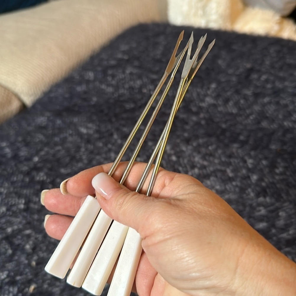 Vintage Corn on the cob holders, fondu forks or nut pickers white melmac handles